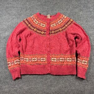 Vintage Mountain Lake Sweater Women's L Red Fair Isle Ramie Cotton Knit Cardigan